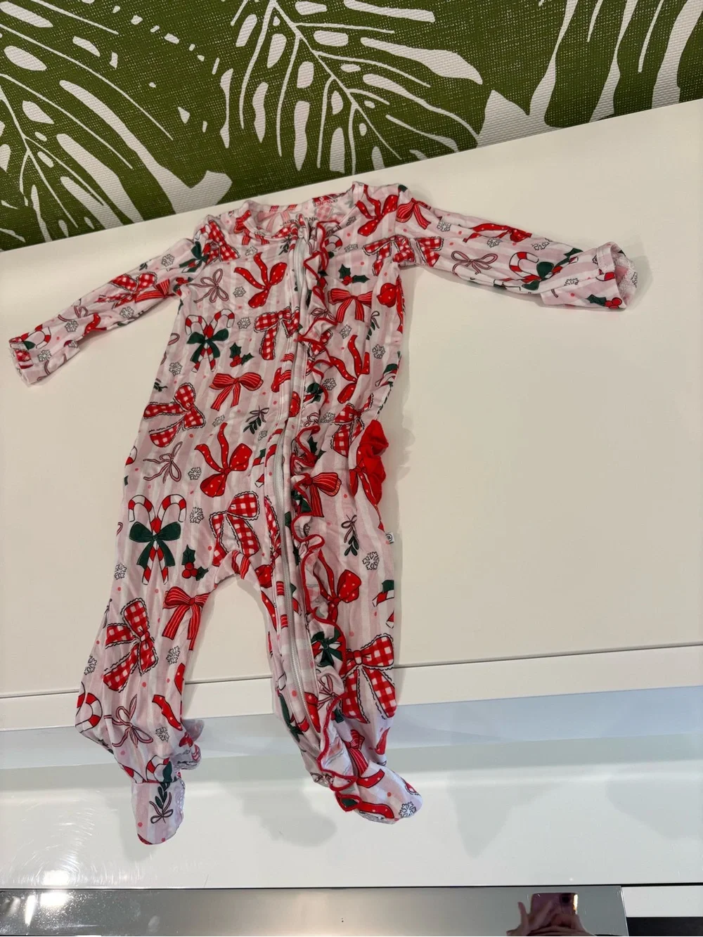 Caden Lane Red Bow and Candy Cane Footed One-Piece🎅